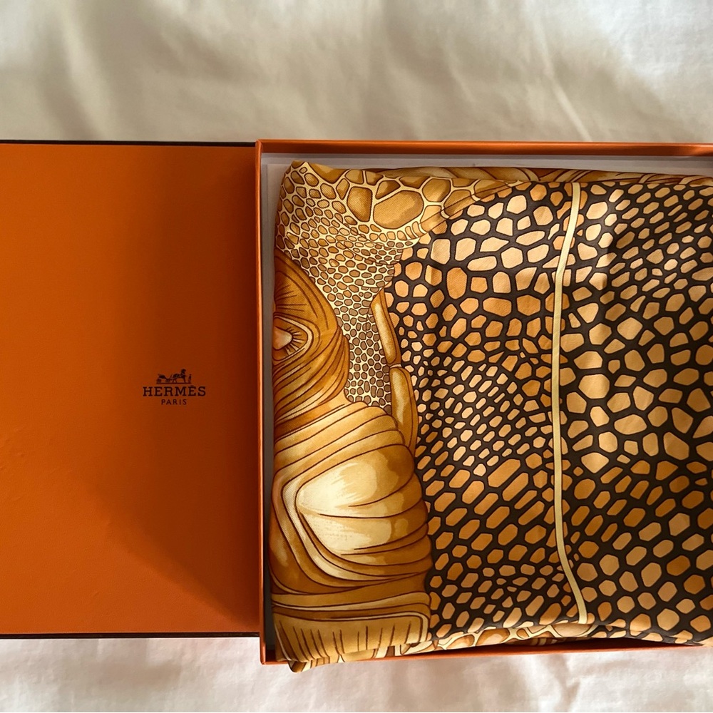 Hermès Silk Scarf in Gold and Brown